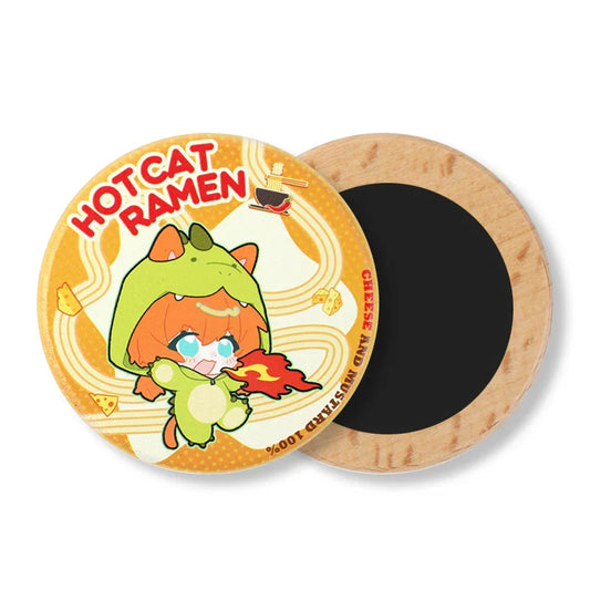 Round beechwood fridge magnet with cute anime-style cat character, Hot Cat Ramen theme.