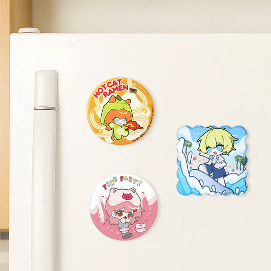Custom 3D beechwood fridge magnets with colorful anime characters on a white refrigerator