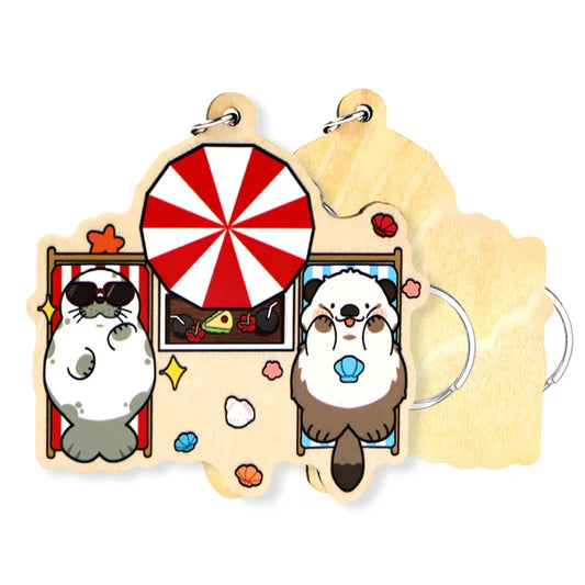 Custom 4mm basswood keychain with cute cartoon animals lounging under a beach umbrella