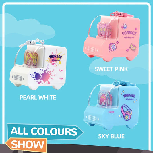 Custom acrylic 3D cartoon car charms in pearl white, sweet pink, and sky blue colors