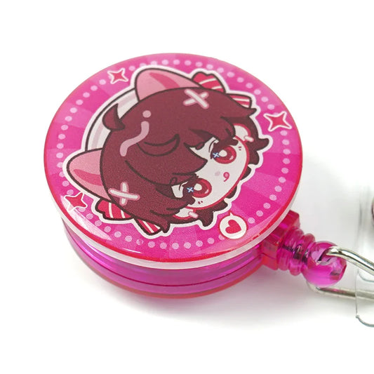 Custom pink acrylic badge reel with cute anime cat character illustration