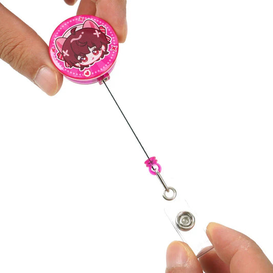 Custom pink acrylic badge reel with cute anime character, retractable ID holder