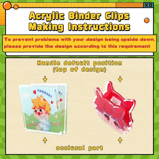 Custom acrylic binder clips with colorful cartoon designs and orientation instructions.