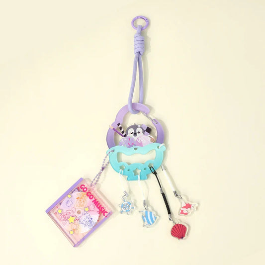 Custom acrylic carabiner keychain with cartoon charms and colorful ocean-themed pendants