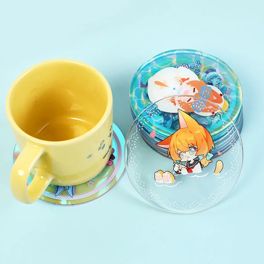 Custom acrylic coasters with anime character designs and a yellow ceramic mug