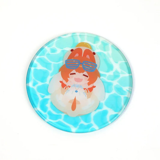 Custom acrylic coaster with cute cartoon character in sunglasses floating in a blue pool design