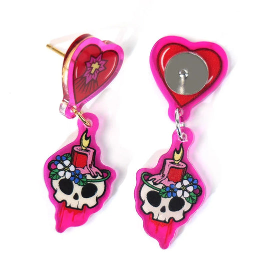 Custom acrylic earrings with pink heart studs and skull, candle, and flower charms