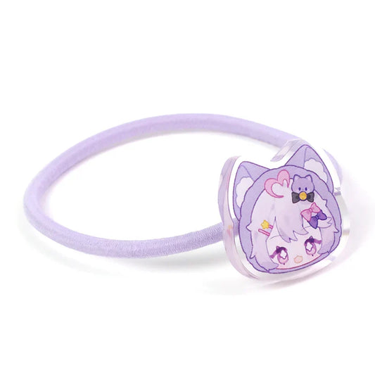 Purple elastic hair tie with custom acrylic anime cat girl charm