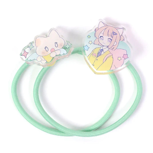 Custom acrylic anime hair ties with green elastic bands and cartoon character designs