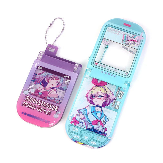 Custom acrylic flip phone hinged keychains with colorful anime girl designs