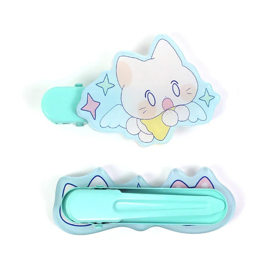 Custom acrylic hair clip with cute cartoon cat, pastel stars, and blue clip backing