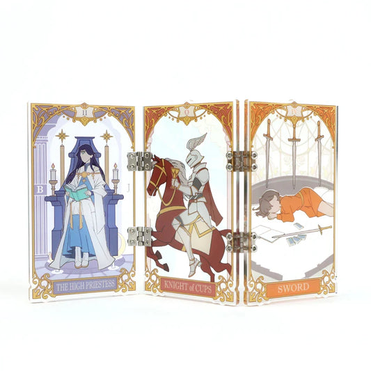 Custom acrylic hinged folding screen standee featuring tarot card designs with vibrant anime artwork