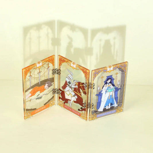 Custom acrylic hinged folding screen standee with fantasy character art and tarot card motifs