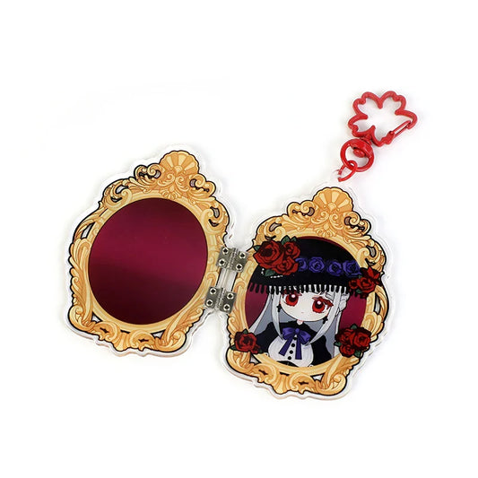 Custom acrylic hinged keychain with ornate frame, anime girl artwork, and flower-shaped clasp