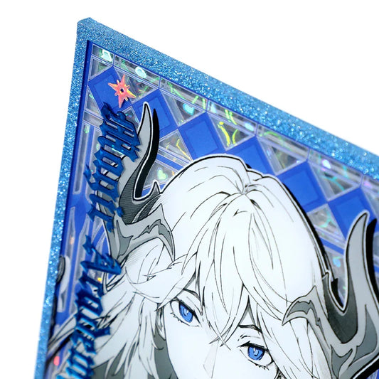 Custom acrylic holographic shikishi art board with blue glitter border and anime character design