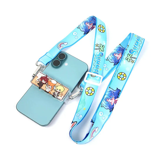 Custom acrylic phone lanyard strap with colorful anime characters and blue summer-themed design
