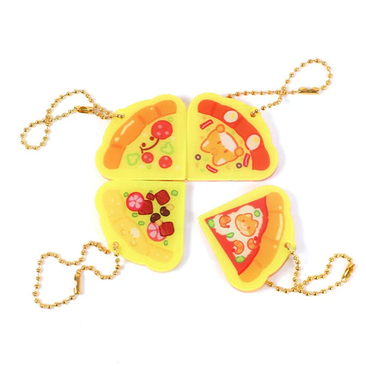 Custom acrylic magnetic pizza slice keychains with cute cartoon designs and gold chains