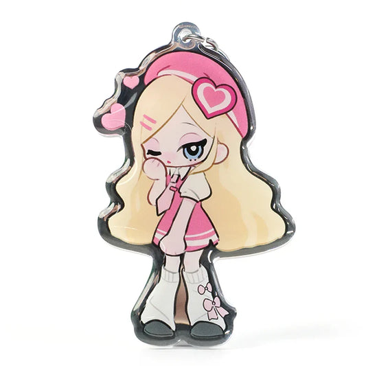 Custom acrylic keychain with anime girl illustration in pink outfit and heart accessories