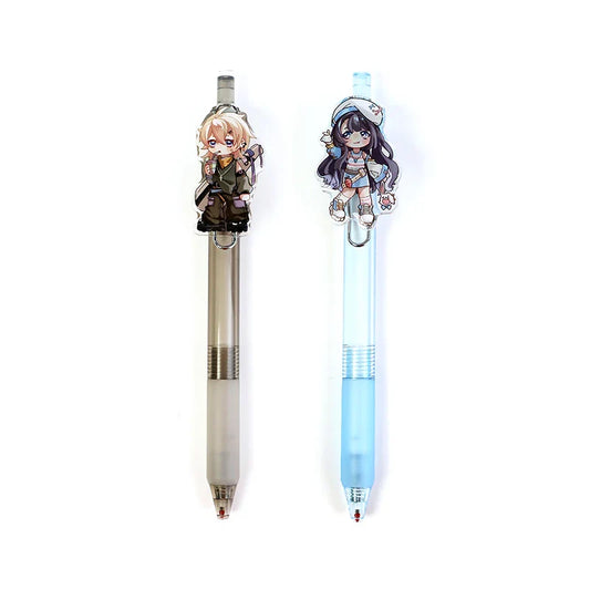 Two custom acrylic ballpoint pens with anime character toppers, beige and blue barrels