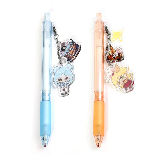 Custom acrylic ballpoint pens with anime character charms, one blue and one orange pen