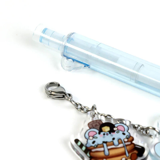 Custom clear acrylic ballpoint pen with attached cute cartoon keychain charm