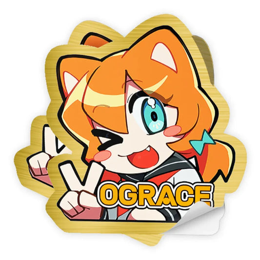 Custom brushed gold sticker with winking anime cat girl and peace sign hand gesture