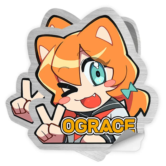 Custom brushed silver sticker featuring a winking anime girl with orange hair and cat ears