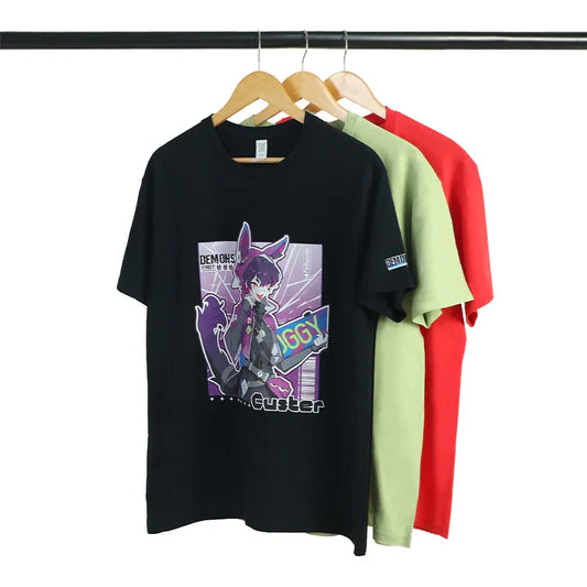 Custom printed cotton crew neck T-shirts with anime character graphic, hanging in three colors