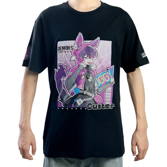 Black cotton t-shirt with colorful anime character graphic and 'Custer' text on front