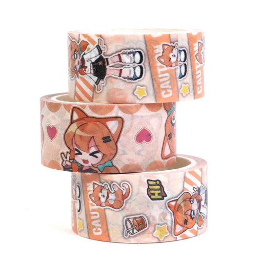 Cute anime-style washi tape rolls with cat characters and hearts, perfect for crafting and decoration.