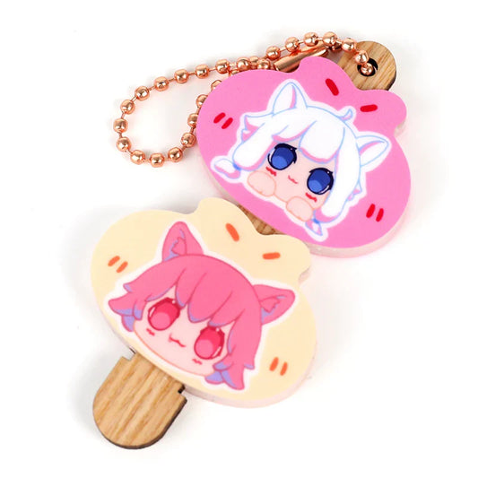 Custom acrylic dango keychain with kawaii anime cat characters and wood stick, ball chain.