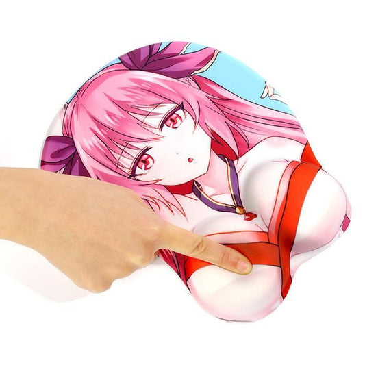 Custom 3D anime mouse pad with wrist support featuring pink-haired character and ergonomic design