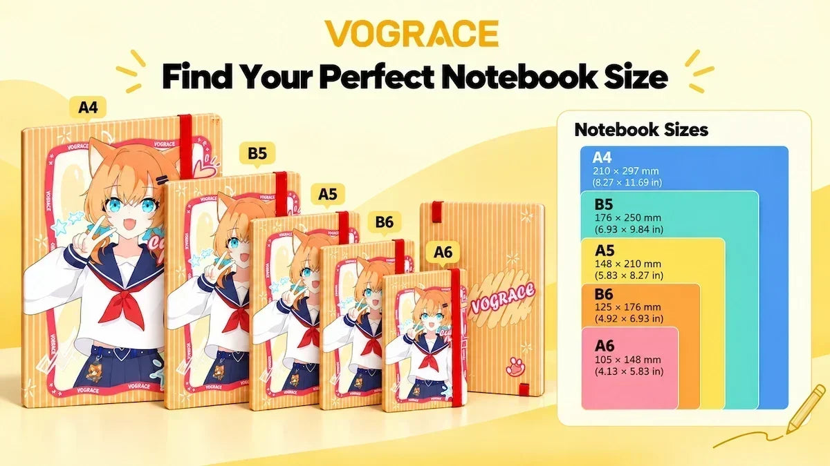 Notebook Size Options Notebook Size Guide: A5, A6, B5 Dimensions & Best Uses | Vograce Blog