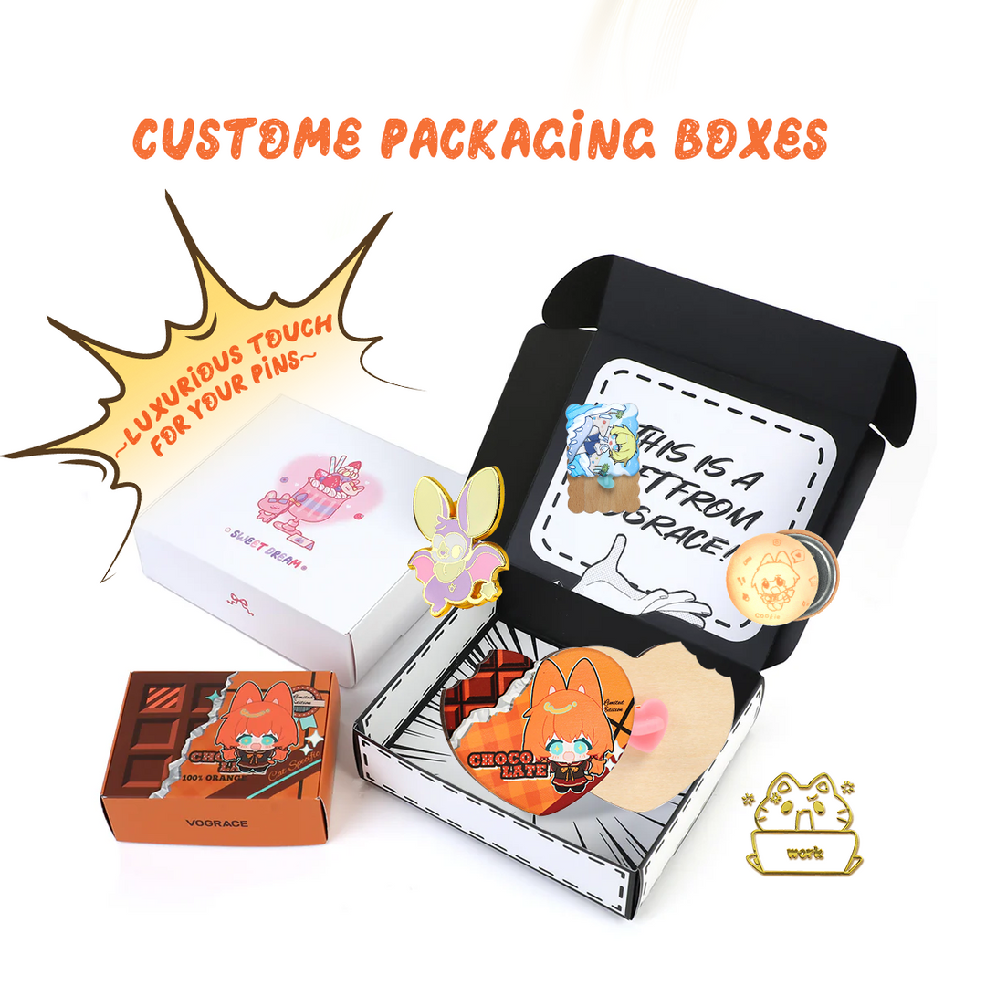 Where can I get custom pins with packaging cards / gift boxes? - VOGRACE