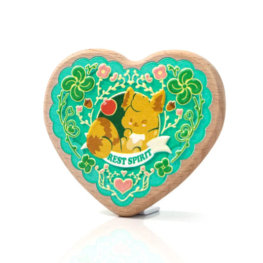 Heart-shaped wooden charm with cute fox, floral design, and 'REST SPIRIT' text, perfect for anime fans and collectors.