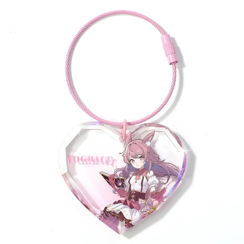 Heart-shaped acrylic keychain with anime girl, pink rope, perfect for anime merch and collectibles