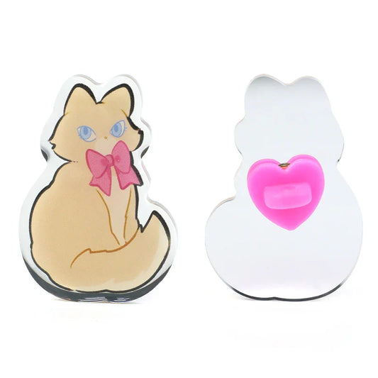 Custom acrylic cat mirror pins with pink bow and heart-shaped pin back, front and back view