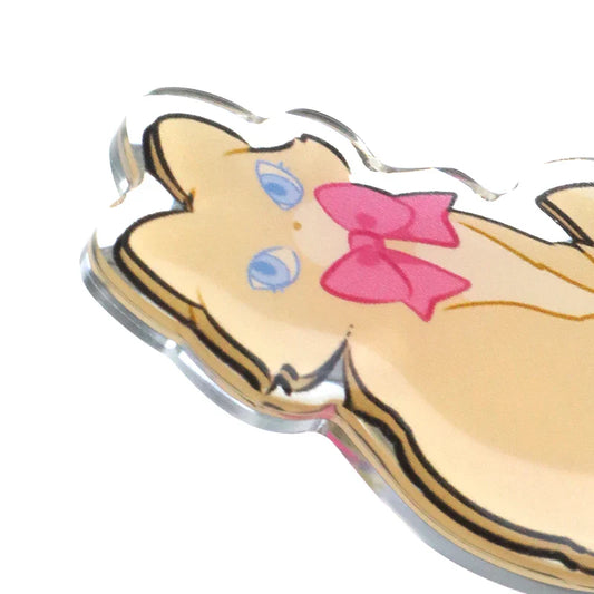 Custom acrylic mirror pin shaped like a cartoon cat with blue eyes and a pink bow