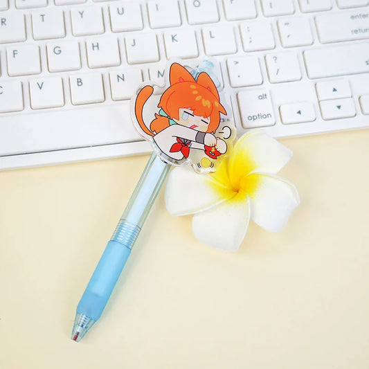 Custom acrylic ballpoint pen with cute cat anime character topper near keyboard and flower