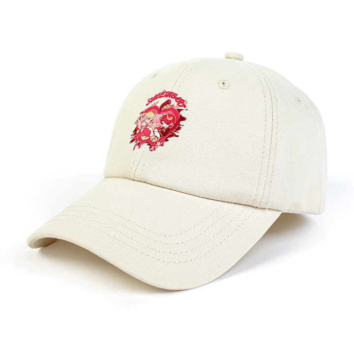 Beige custom baseball cap with colorful anime-style graphic on the front panel