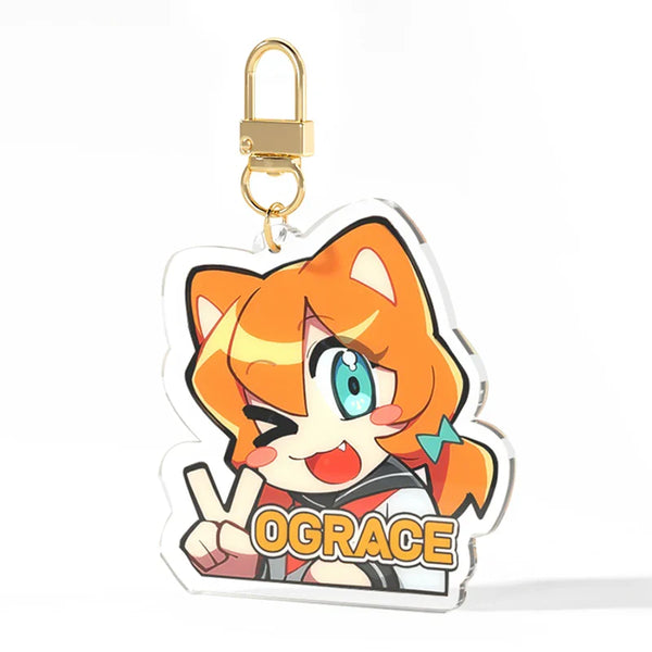 Custom clear acrylic keychain with anime-style cat girl character and gold clasp