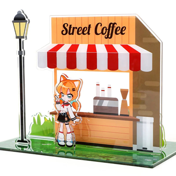Custom clear acrylic standee featuring anime girl and coffee shop scene with street lamp