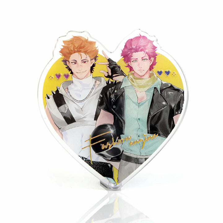 Custom heart-shaped acrylic fridge magnet with two anime-style characters and gold foil accents