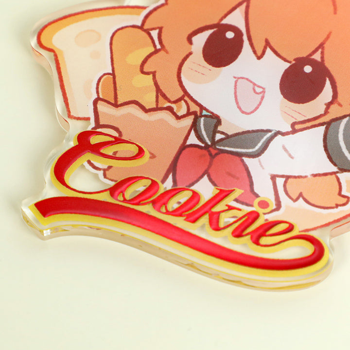 Custom acrylic fridge magnet with cute anime character, raised foil stamping, and cookie text