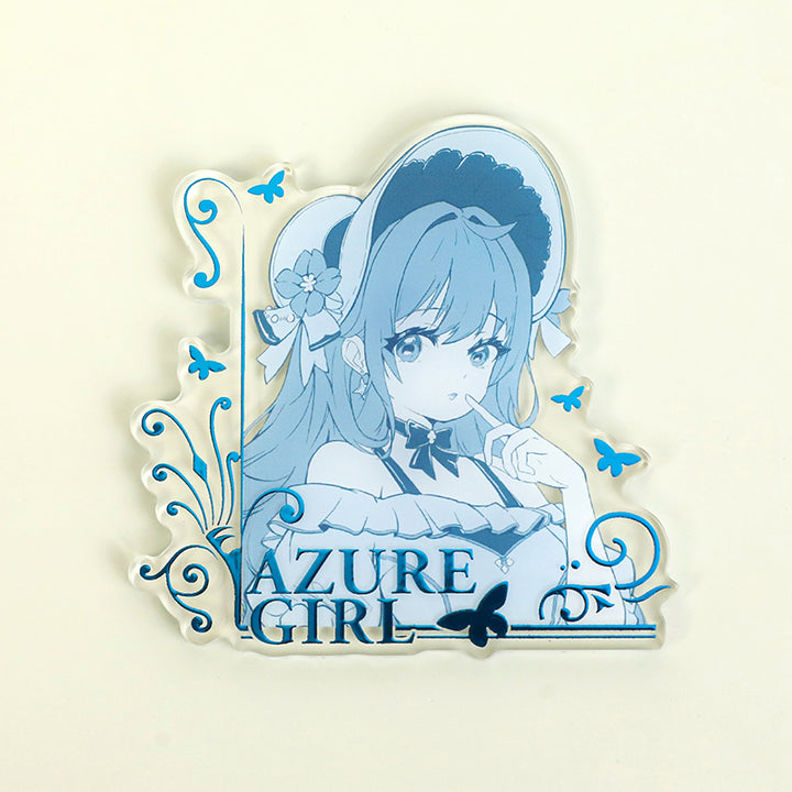 Custom clear acrylic fridge magnet featuring blue anime girl illustration, text 'Azure Girl', and decorative foil accents.