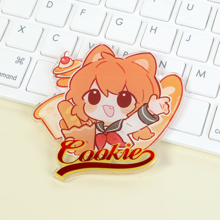 Custom clear acrylic fridge magnet with cute anime cat character, raised foil and cookie text