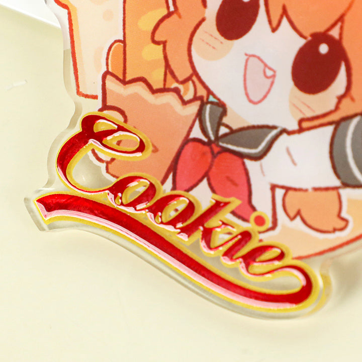 Custom acrylic fridge magnet with raised foil lettering and cute anime character design
