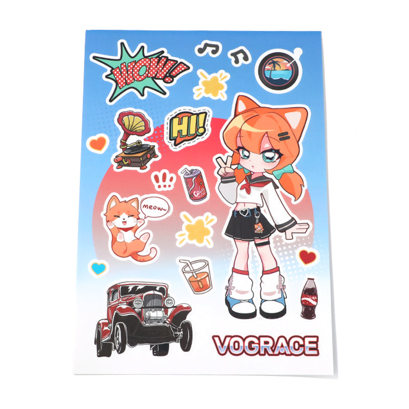 Custom coated paper stickers sheet with anime girl, cat, speech bubbles, cola, and vintage car designs
