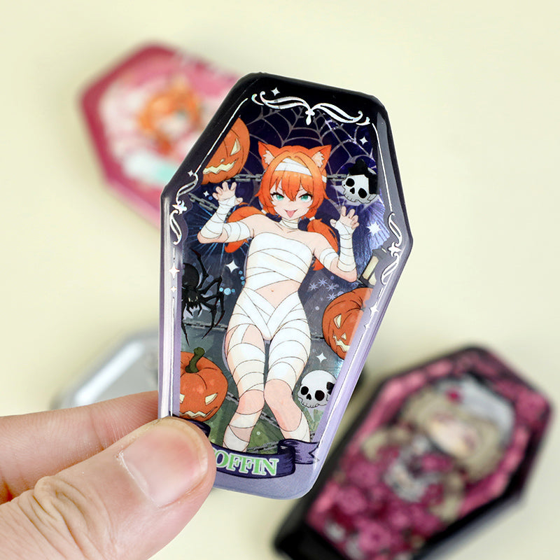 Custom Coffin-Shaped Glitter Holographic Button Pin