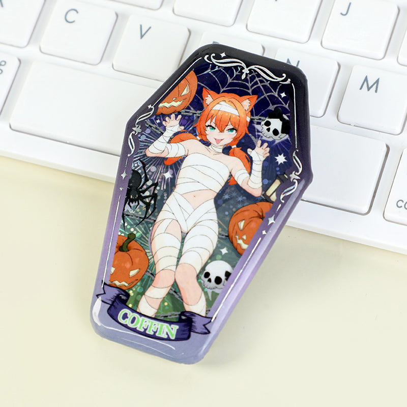 Custom Coffin-Shaped Glitter Holographic Button Pin